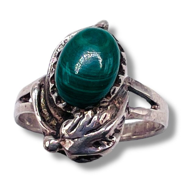 Natural Green Malachite Ring, Size 4.75 | Silver Leaf Band - Image 2