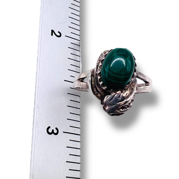 Natural Green Malachite Ring, Size 4.75 | Silver Leaf Band - Image 9