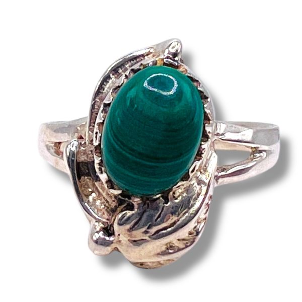 Natural Green Malachite Ring, Size 4.75 | Silver Leaf Band - Image 10