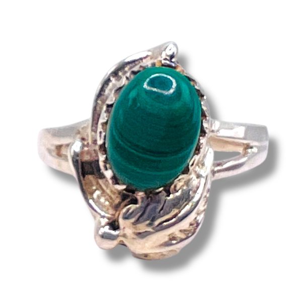 Natural Green Malachite Ring, Size 4.75 | Silver Leaf Band - Image 14