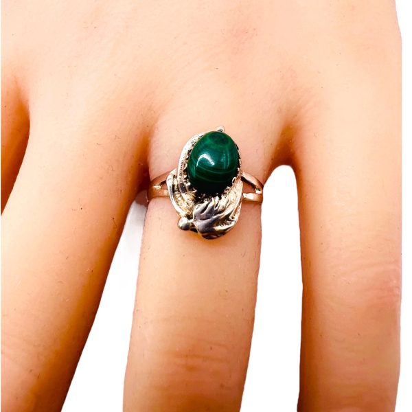 Natural Green Malachite Ring, Size 4.75 | Silver Leaf Band - Image 6