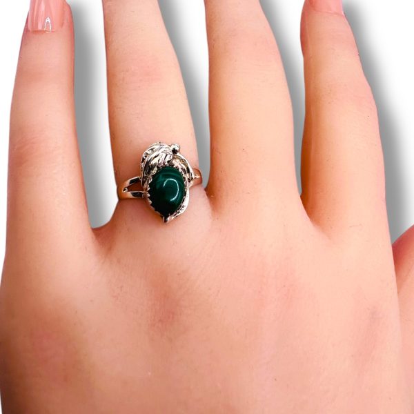 Natural Green Malachite Ring, Size 4.75 | Silver Leaf Band - Image 12