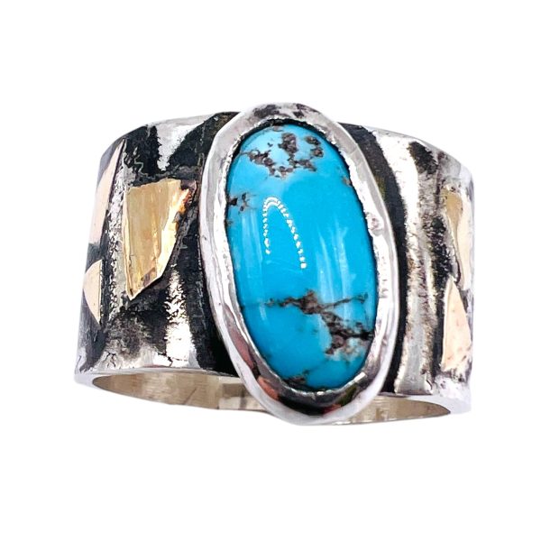 Persian Turquoise Ring | Oxidized Silver & Gold, Size 7.5