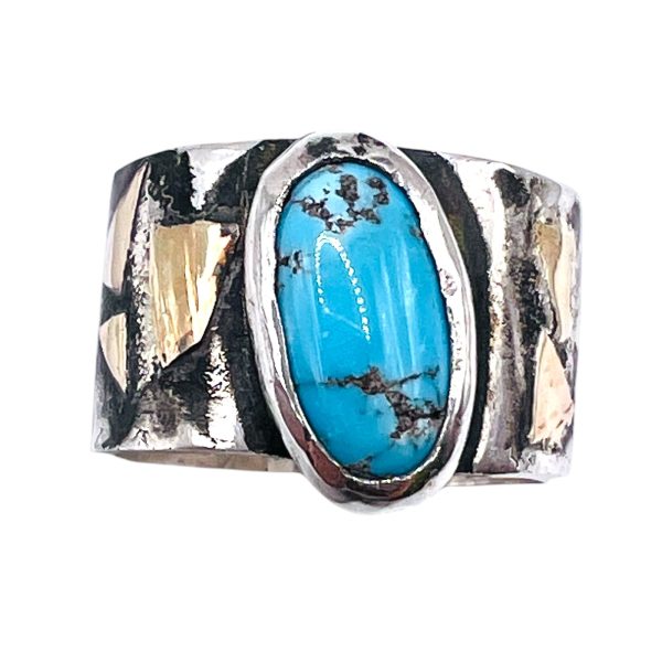 Persian Turquoise Ring | Oxidized Silver & Gold, Size 7.5 - Image 3