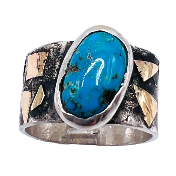 Persian Turquoise Ring | Oxidized Silver & Gold, sz 8