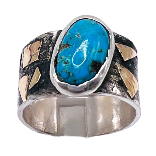 Persian Turquoise Ring | Oxidized Silver & Gold, sz 8 - Image 2