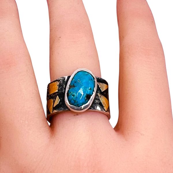 Persian Turquoise Ring | Oxidized Silver & Gold, sz 8 - Image 9