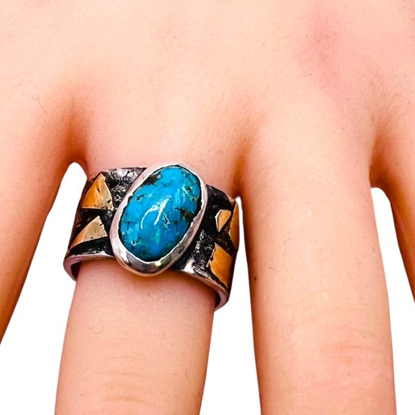 Persian Turquoise Ring | Oxidized Silver & Gold, sz 8 - Image 10