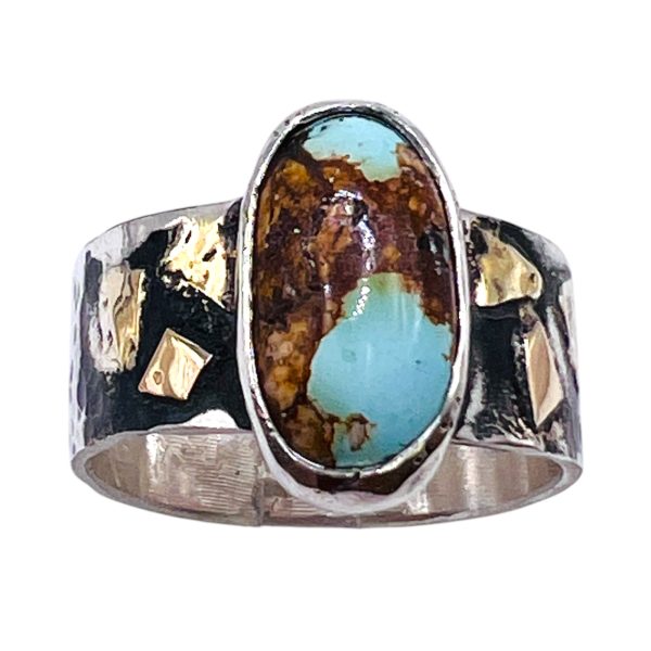 Oxidized Silver & Gold Persian Turquoise Ring, Size 10.5