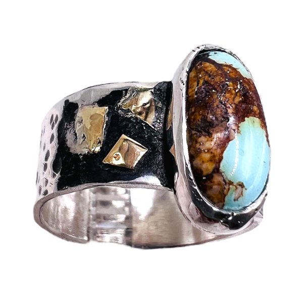 Oxidized Silver & Gold Persian Turquoise Ring, Size 10.5 - Image 2