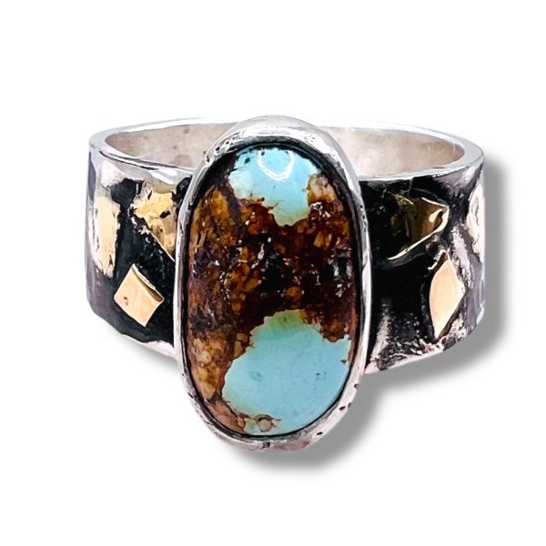 Oxidized Silver & Gold Persian Turquoise Ring, Size 10.5 - Image 5