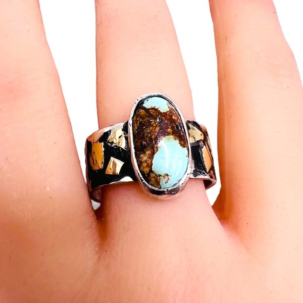 Oxidized Silver & Gold Persian Turquoise Ring, Size 10.5 - Image 10