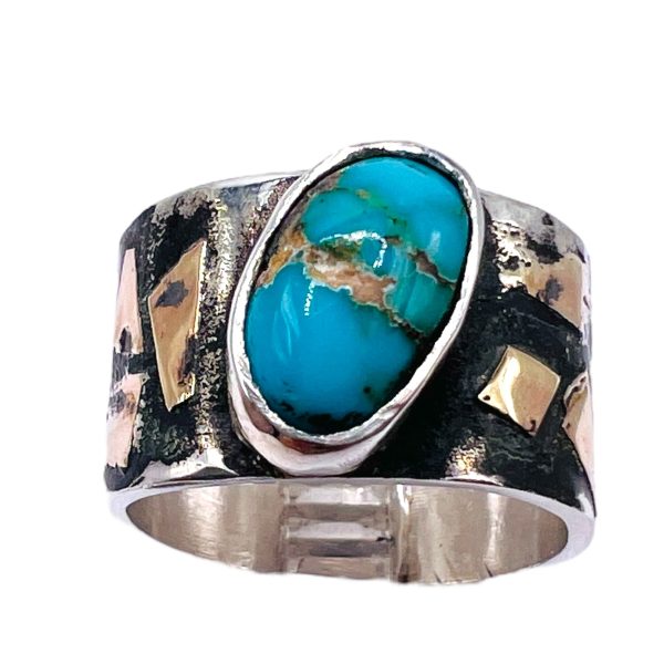 Blackened Silver Gold Accent Persian Turquoise Ring sz 6.5