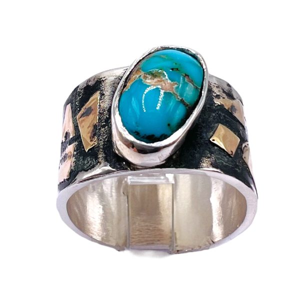 Blackened Silver Gold Accent Persian Turquoise Ring sz 6.5 - Image 2