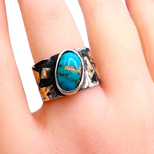 Blackened Silver Gold Accent Persian Turquoise Ring sz 6.5 - Image 10