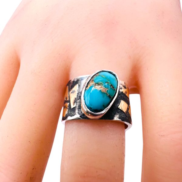 Blackened Silver Gold Accent Persian Turquoise Ring sz 6.5 - Image 11