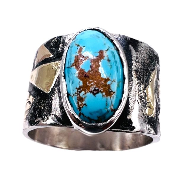 Rustic Silver & Gold Accent Persian Turquoise Ring, sz 7.5