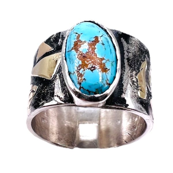 Rustic Silver & Gold Accent Persian Turquoise Ring, sz 7.5 - Image 3