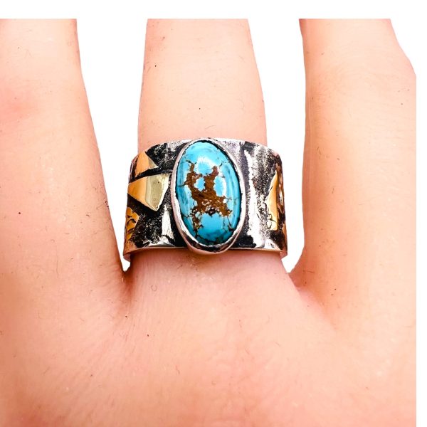 Rustic Silver & Gold Accent Persian Turquoise Ring, sz 7.5 - Image 10