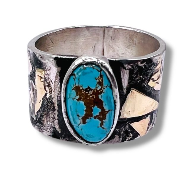 Rustic Silver & Gold Accent Persian Turquoise Ring, sz 7.5 - Image 5