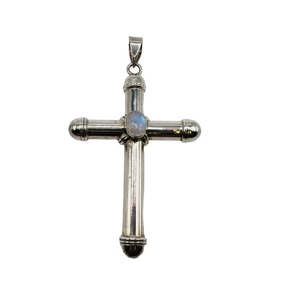 Sterling Silver Cross Pendant with Rainbow Moonstones