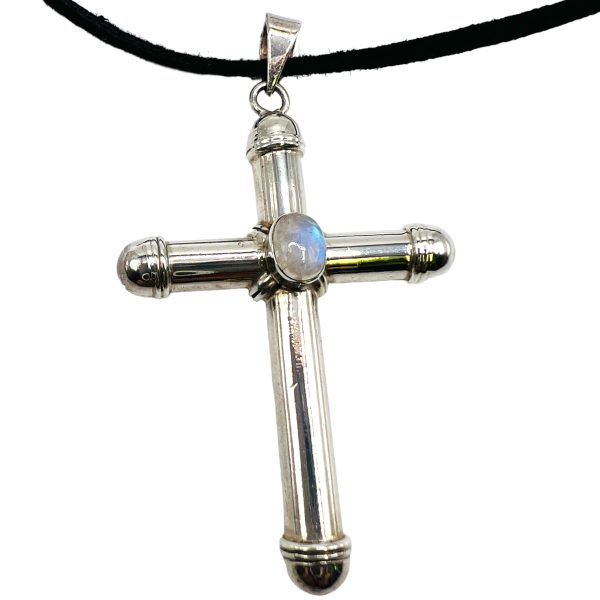 Sterling Silver Cross Pendant with Rainbow Moonstones - Image 3