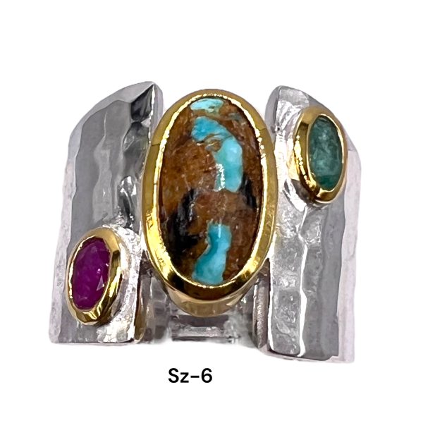 Turquoise Gold Vermeil Ring with Ruby, Emerald Side Stones - Image 3