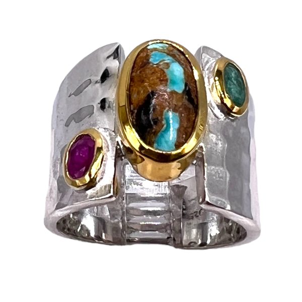 Turquoise Gold Vermeil Ring with Ruby, Emerald Side Stones - Image 4