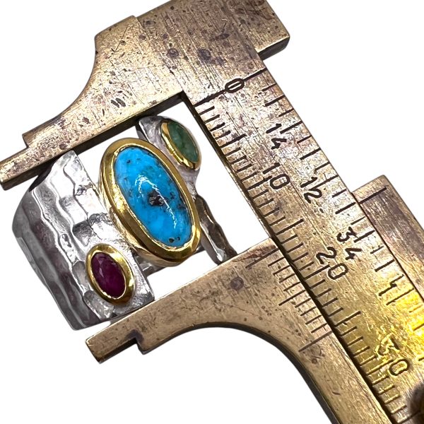 Turquoise Gold Vermeil Ring with Ruby, Emerald Side Stones - Image 7