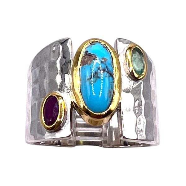 Turquoise Gold Vermeil Ring with Ruby, Emerald Side Stones