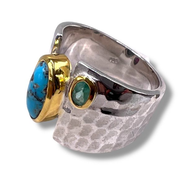 Turquoise Gold Vermeil Ring with Ruby, Emerald Side Stones - Image 2