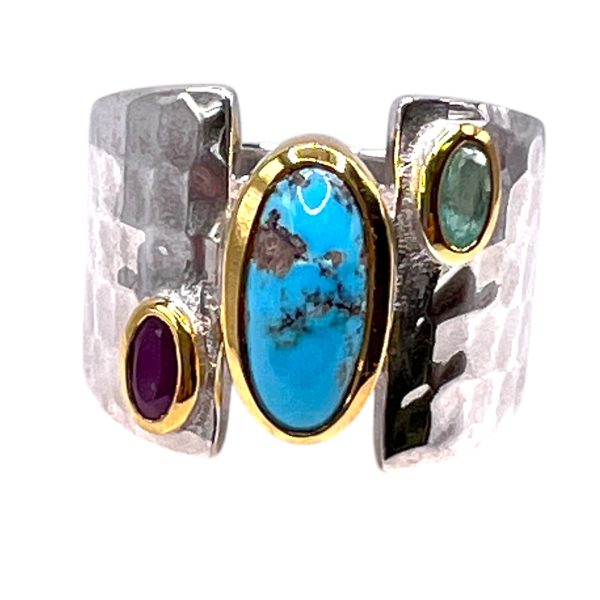 Turquoise Gold Vermeil Ring with Ruby, Emerald Side Stones - Image 5