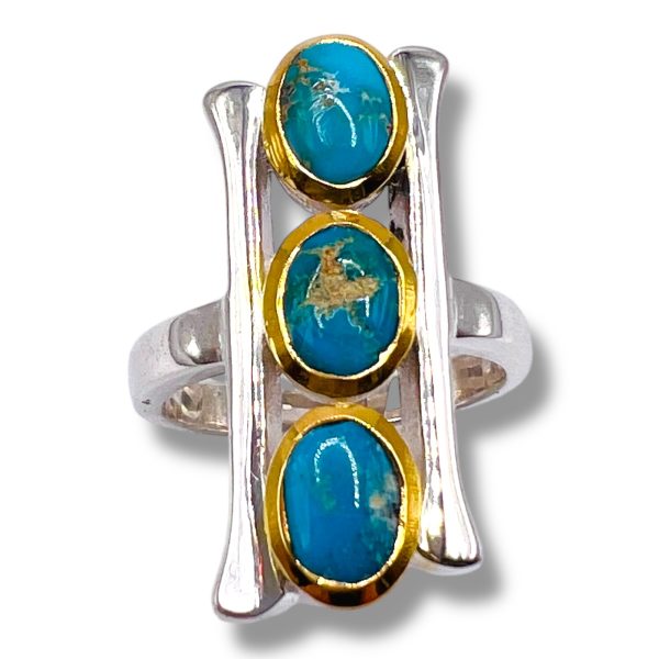 Vertical 3 Stone Persian Turquoise Matrix Ring, sz 6