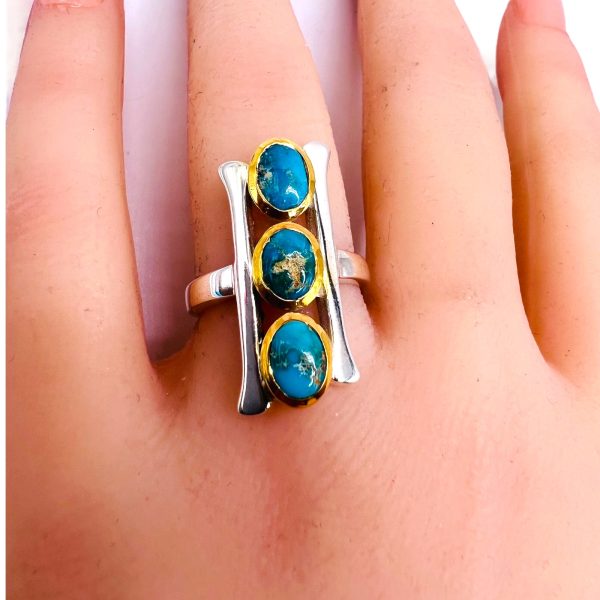 Vertical 3 Stone Persian Turquoise Matrix Ring, sz 6 - Image 9