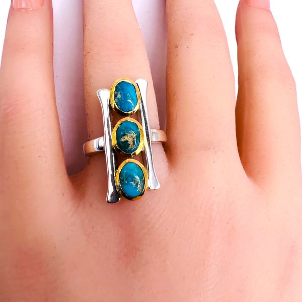 Vertical 3 Stone Persian Turquoise Matrix Ring, sz 6 - Image 10