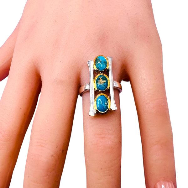 Vertical 3 Stone Persian Turquoise Matrix Ring, sz 6 - Image 11