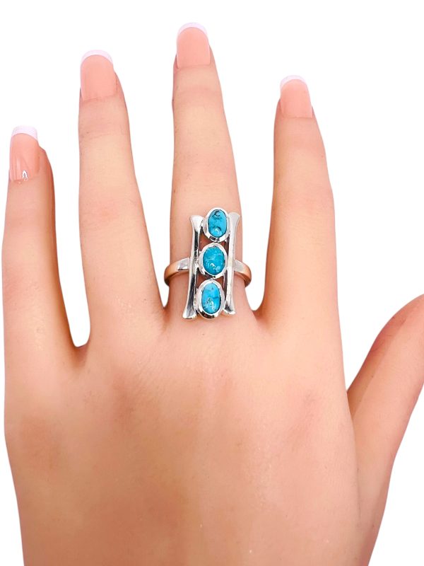 Vertical 3 Stone Persian Turquoise Matrix Ring, sz 7.5, 9 - Image 5