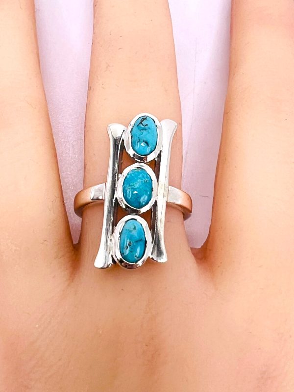 Vertical 3 Stone Persian Turquoise Matrix Ring, sz 7.5, 9 - Image 4