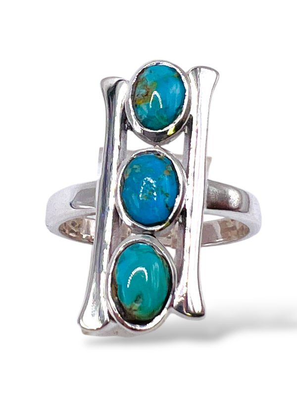 Vertical 3 Stone Persian Turquoise Matrix Ring, sz 7.5, 9