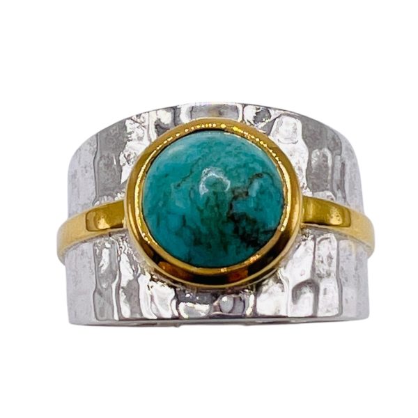 Turquoise Wide Band Ring, Hammered Silver Vermeil sz 5,7