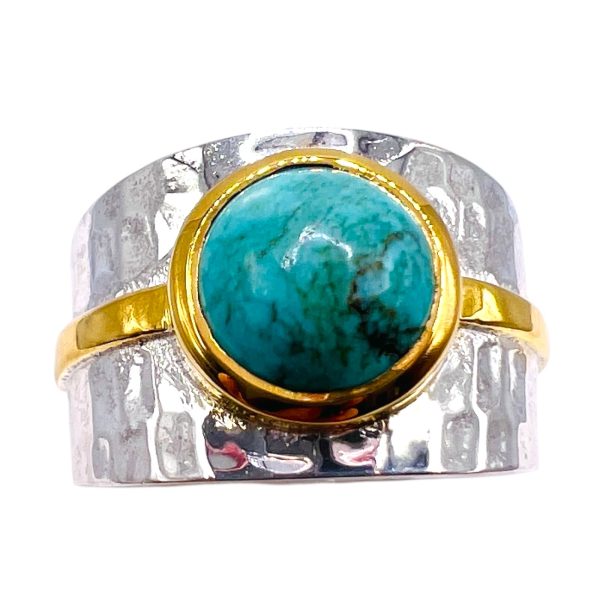 Turquoise Wide Band Ring, Hammered Silver Vermeil sz 5,7 - Image 5