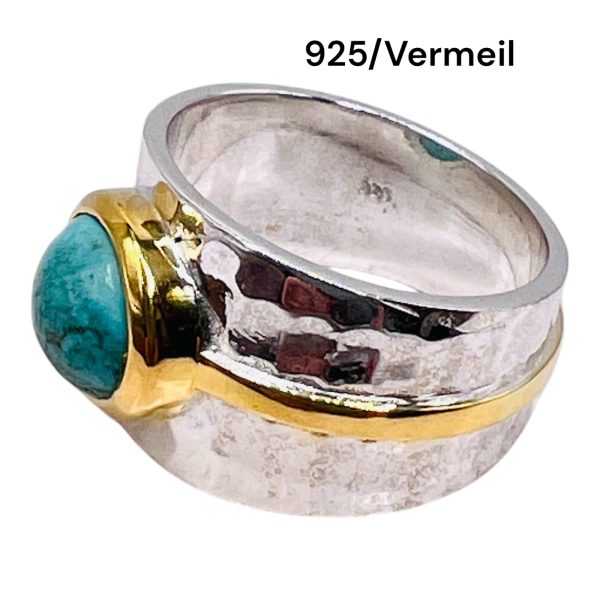 Turquoise Wide Band Ring, Hammered Silver Vermeil sz 5,7 - Image 2