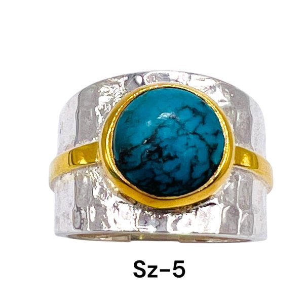 Turquoise Wide Band Ring, Hammered Silver Vermeil sz 5,7 - Image 3