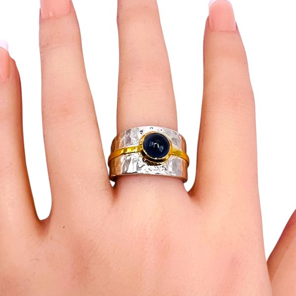 Iolite Wide Band Ring | Hammered Silver & Vermeil, sz 9 - Image 10