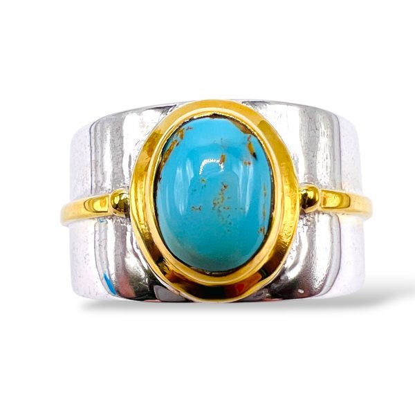 Persian Turquoise Ring Nice Silver & Gold Vermeil Wide Band - Image 4