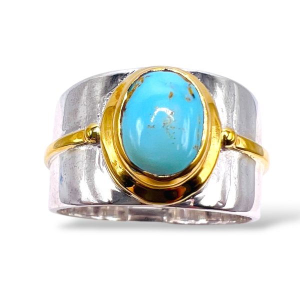 Persian Turquoise Ring Nice Silver & Gold Vermeil Wide Band