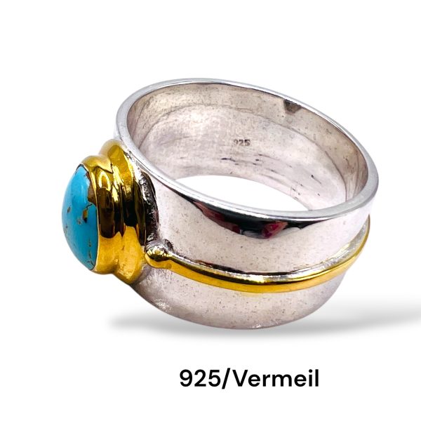 Persian Turquoise Ring Nice Silver & Gold Vermeil Wide Band - Image 3