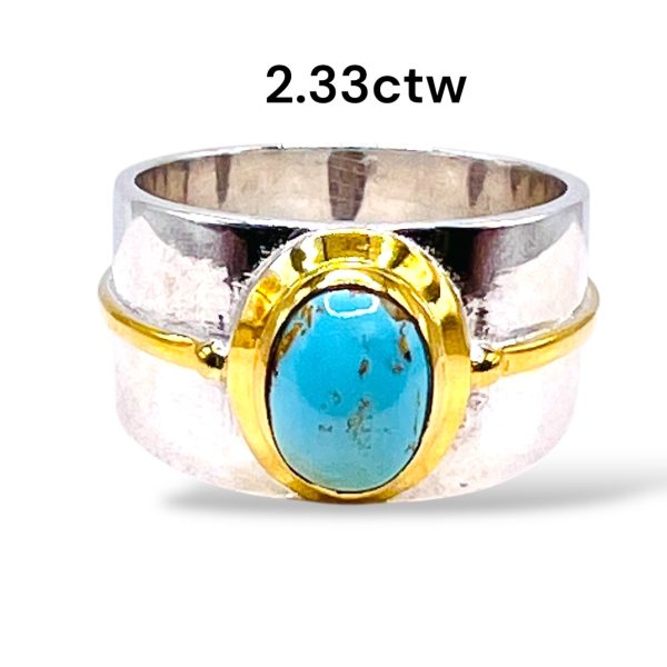 Persian Turquoise Ring Nice Silver & Gold Vermeil Wide Band - Image 2