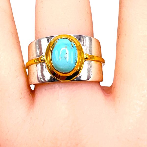 Persian Turquoise Ring Nice Silver & Gold Vermeil Wide Band - Image 8