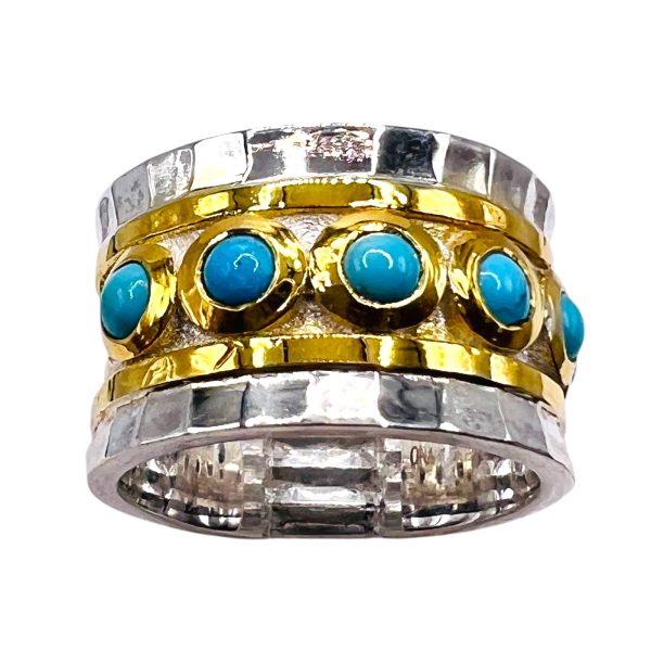 Persian Turquoise Goddess Empress Ring, Silver Vermeil sz 5